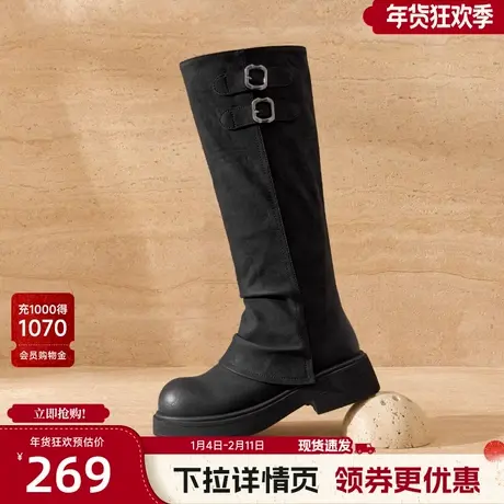 戈美其长筒靴女靴2025新款秋冬季英伦风长靴皮带扣高筒厚底骑士靴图片