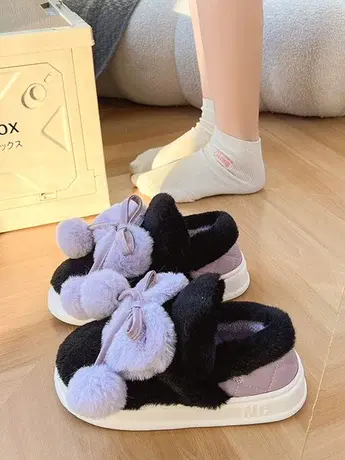 可爱蝴蝶结毛球棉拖鞋女冬季室内外穿保暖毛绒厚底居家用包跟棉鞋商品大图