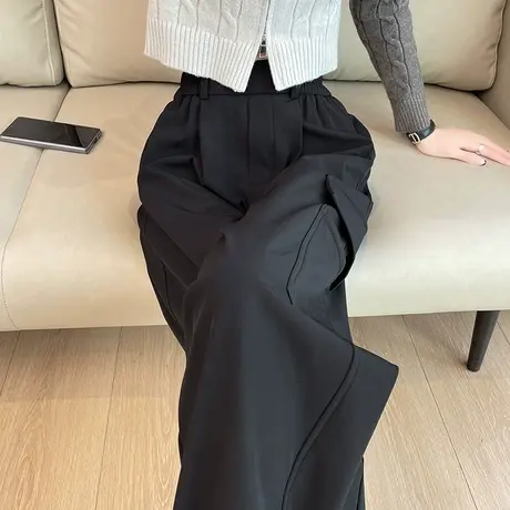 美式黑色加绒工装裤女冬季新款高腰宽松显瘦小个子束脚阔腿灯笼裤图片