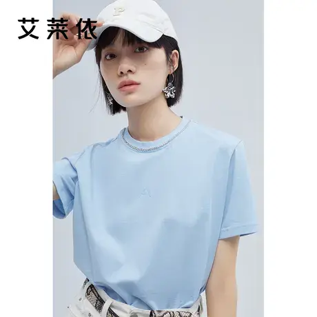 艾莱依蓝色短袖纯棉t恤女2022夏装新款宽松纯棉冰丝修身纯色上衣商品大图