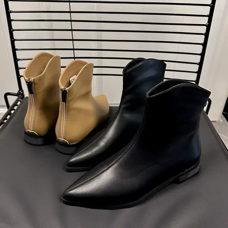 粗跟短靴2023秋冬季百搭新款网红法式后拉链平底靴复古黑色短靴女图片