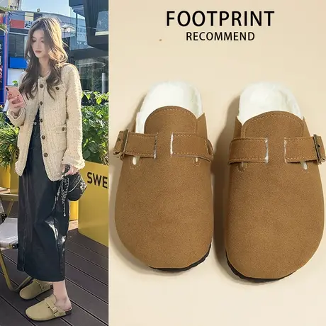 勃肯鞋女包头半拖鞋女外穿2023新款秋冬加绒平底一脚蹬复古懒人鞋商品大图