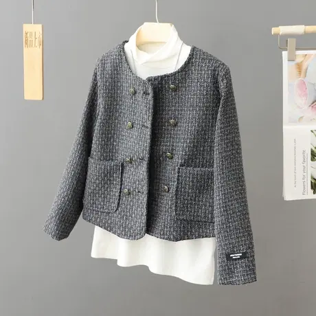 双排扣小香风格子短外套女2023年秋季新款洋气格子短款小个子外套商品大图