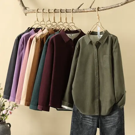 加厚衬衫女灯芯绒百搭宽松显瘦保暖打底衫秋冬季新款衬衣加绒衬衫图片