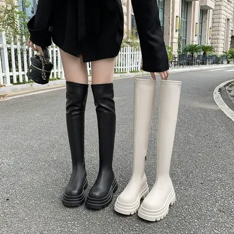 法式过膝长靴女2023春秋季新款复古高级洋气瘦瘦靴粗跟厚底骑士靴图片