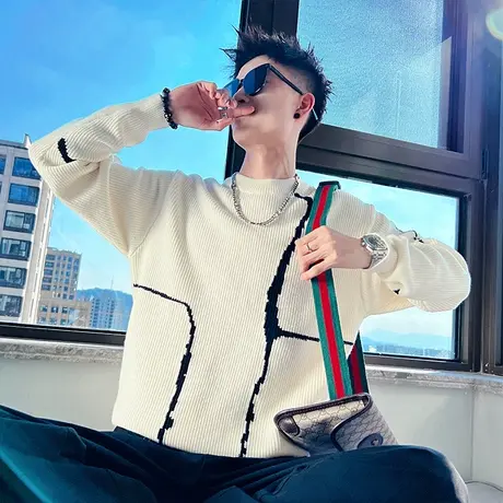 高级感撞色条纹毛衣男秋冬季轻熟简约轻熟风圆领套头针织打底线衣商品大图