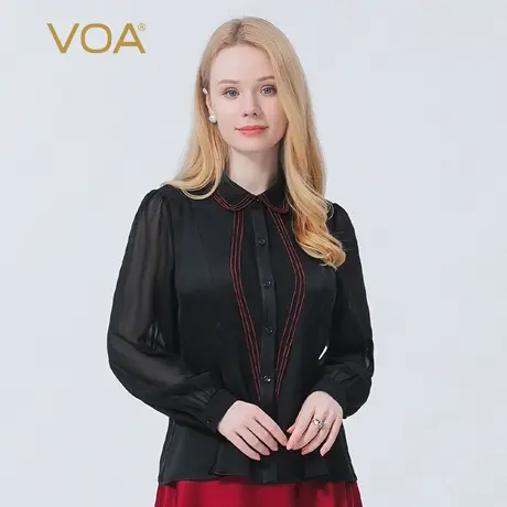 VOA真丝双面缎黑色娃娃领乔其拼接长袖单排扣微透褶皱桑蚕丝衬衫图片