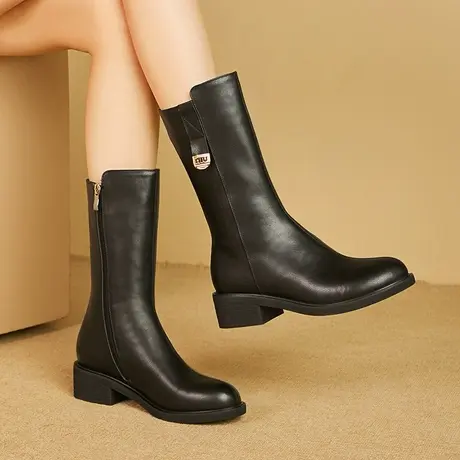 新款真皮不过膝中筒靴显瘦舒适百搭洋气平跟显气质中筒骑士靴商品大图