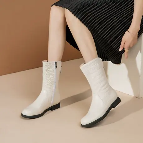 断码捡漏真皮短靴女马丁靴欧美时尚米白色靴子圆头平跟牛皮中筒靴图片