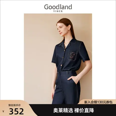 【赫本猫联名】音儿美地女装2023夏季新款复古翻领短袖衬衫上衣图片