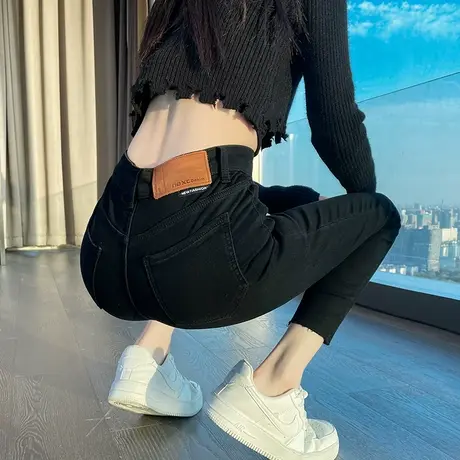 高腰牛仔裤女黑色2023年新款显瘦毛边紧身小脚春秋冬加绒裤子薄绒图片