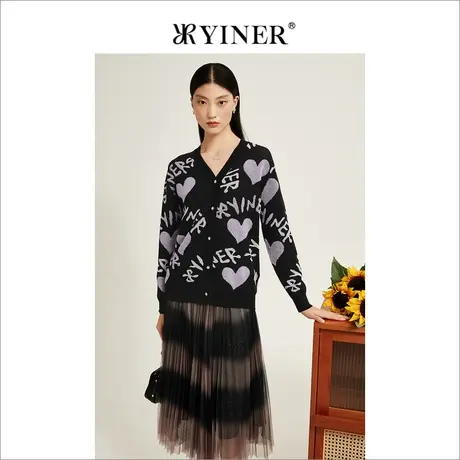 YINER音儿女装2022秋长袖毛衣开衫爱心提花针织衫商品大图