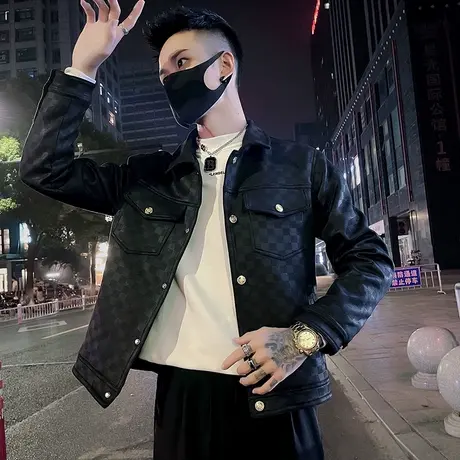 2024冬季时尚休闲潮牌ins格子学生潮流个性外套修身男士机车夹克商品大图