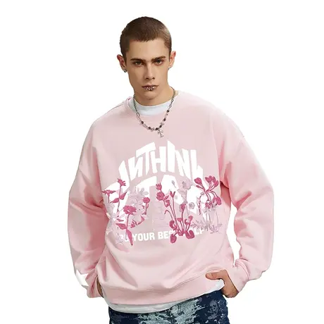 Nuthink春季套头加绒加厚花卉粉色卫衣潮牌男潮国潮加肥加大上衣商品大图