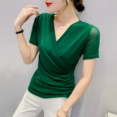 性感V领短袖女夏季2023新款时尚网纱T恤半袖设计感小众交叉上衣潮商品大图