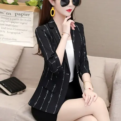 2025春季七分袖薄西装外套女短款韩版休闲小个子条纹西服上衣透气商品大图