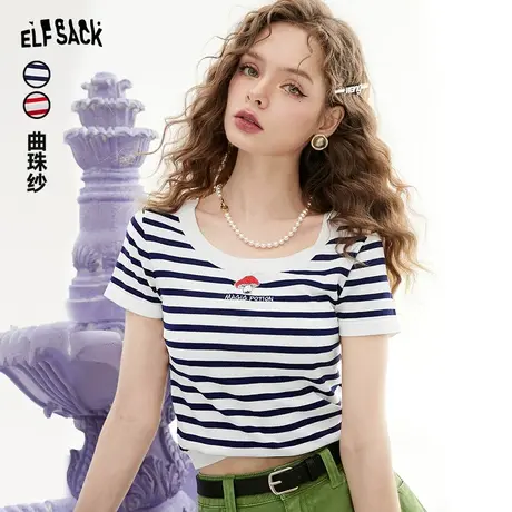 妖精的口袋bm短袖条纹t恤女2023夏季新款正肩修身显瘦辣妹上衣潮商品大图