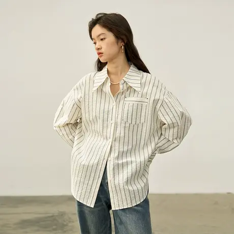 omont蛋挞家 纯棉条纹长袖衬衫秋季2023新款女装宽松休闲衬衣上衣商品大图
