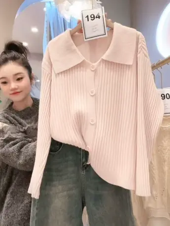 春秋新款女装通勤百搭淡粉色减龄POLO领纯色长袖针织打底开衫毛衣图片