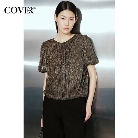 COVER夏季亮丝显瘦双褶泡泡袖衬衫图片