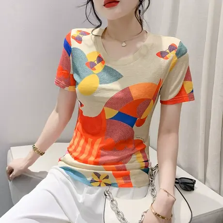 夏装2024新款时尚网纱短袖T恤女设计感小众印花上衣修身圆领小衫图片