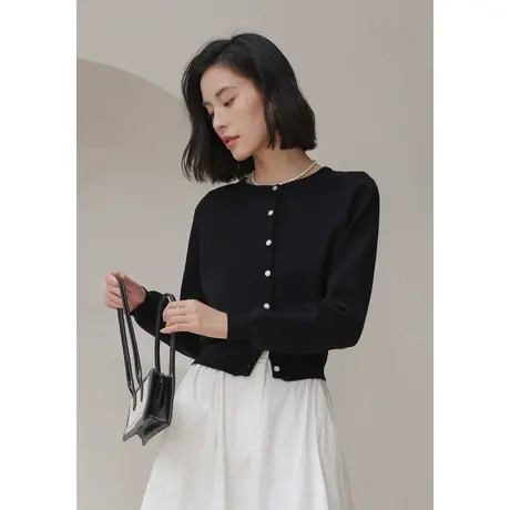 弥古黑色长袖收腰针织衫春秋圆领修身毛衣开衫女外套法式掐腰上衣商品大图