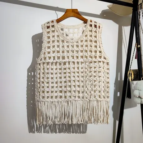 勾花镂空流苏马甲背心女外穿夏季新款沙滩海边度假风无袖上衣罩衫商品大图