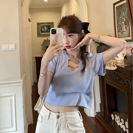 短款上衣女夏季设计感小众穿搭高腰露脐甜辣妹风心机短袖t恤ins潮图片