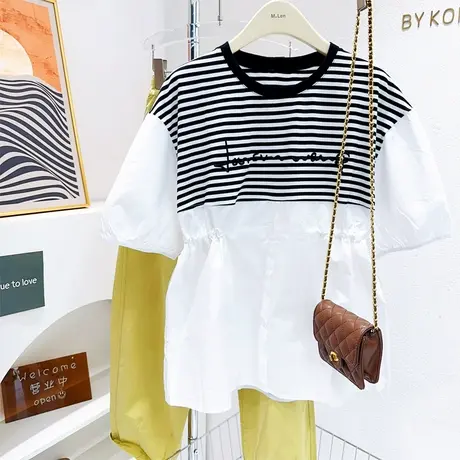 微胖女孩显瘦穿搭~夏季韩系简约条纹拼接抽绳衬衫娃娃a版抽绳欧货图片