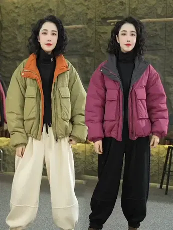 2023冬季新款时尚气质个性大口袋棉服女韩版宽松百搭通勤棉衣外套图片