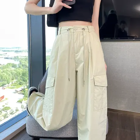 卡其色美式甜酷高腰直筒工装裤女杏色春秋新款设计感显瘦休闲裤子商品大图