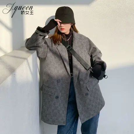 毛呢西装外套女加绒冬季新款复古宽松休闲西服英伦风加厚呢子大衣图片