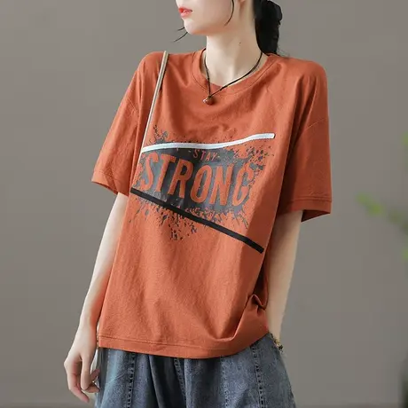 dza 复古纯棉短袖宽松t恤女士夏季薄款休闲圆领字幕印花半袖上衣商品大图