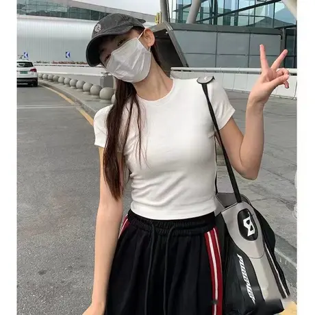 夏季2024年新款修身显瘦圆领白色短袖T恤短款辣妹上衣女打底衫潮商品大图