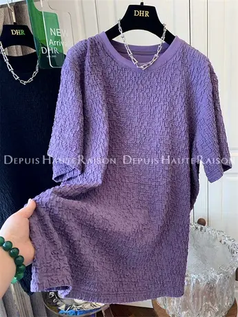 肌理感褶皱圆领慵懒风短袖T恤上衣女宽松休闲衬衫2023春夏装新款图片