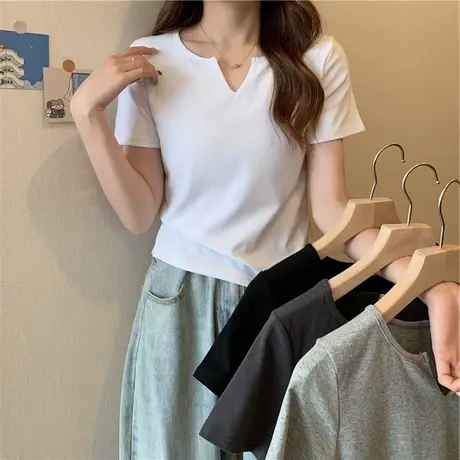 V领短袖T恤女夏季韩版2024新款修身显瘦设计感白色内搭打底衫上衣商品大图