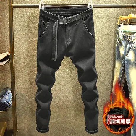 黑色加绒牛仔裤男时尚休闲青年小脚裤潮牌斜袋设计小脚裤子男加厚商品大图