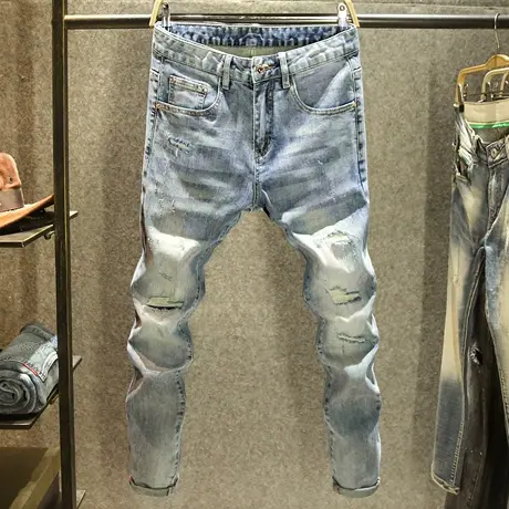 新款破洞牛仔裤男款潮流帅气修身小脚裤ins潮牌青年夏季男士长裤商品大图