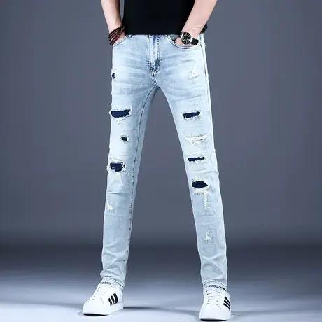 美式高街破洞爆款牛仔裤男款秋冬薄款2023裤子男修身小脚弹力夏天商品大图