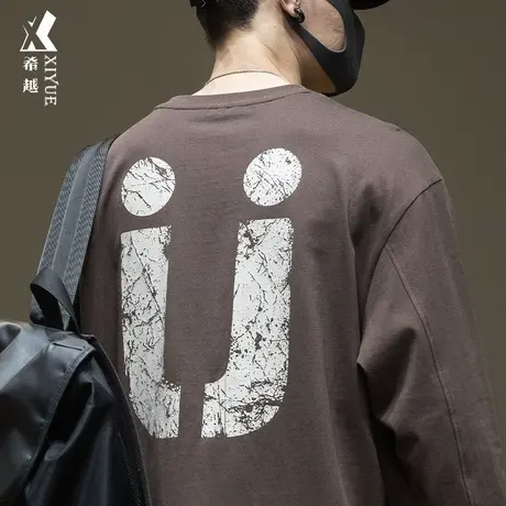 希越秋季潮牌后背印花长袖t恤男咖色2024春秋新款宽松大码上衣棉图片