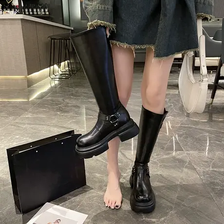 长筒靴女2023春秋季新款网红小众设计感法式瘦瘦靴粗跟厚底骑士靴商品大图