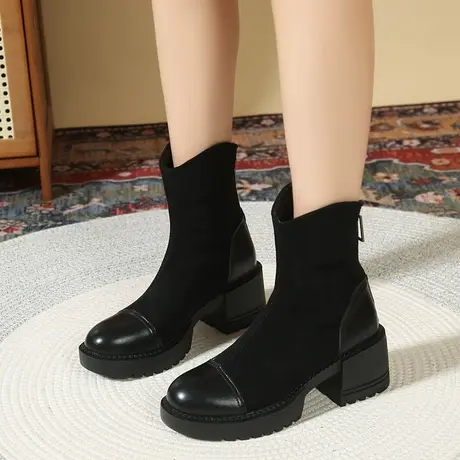 马丁靴女高跟靴子女2023年新款冬季加绒厚底短靴粗跟后拉链瘦瘦靴商品大图