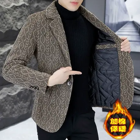 秋冬季轻奢提花呢子西服男士加棉加厚休闲小西装金貂绒单西外套潮图片