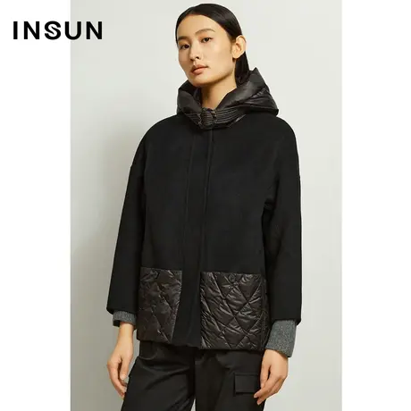 INSUN恩裳奥莱冬季羊毛拼接羽绒毛呢外套图片