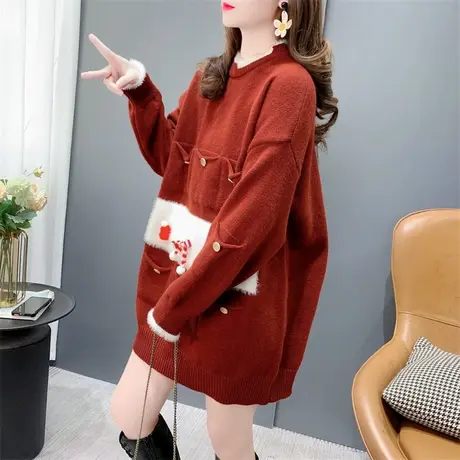 中长款圣诞红色圆领毛衣女秋冬2023年新款宽松洋气减龄打底针织衫商品大图