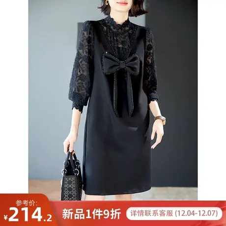 宝诗黎半高领蕾丝拼接钉珠蝴蝶结连衣裙2023秋冬新款中长直筒裙子图片