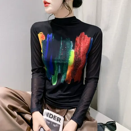 气质半高领打底衫长袖网纱定位印花时尚洋气内塔上衣女修身T恤ins商品大图