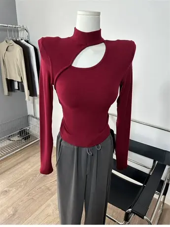 半高领镂空磨毛长袖T恤立领垫肩双面绒打底衫上衣内搭秋冬新款商品大图