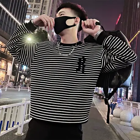 长袖t恤男秋季潮流ins条纹休闲个性卫衣宽松痞帅打底上衣2023新款商品大图