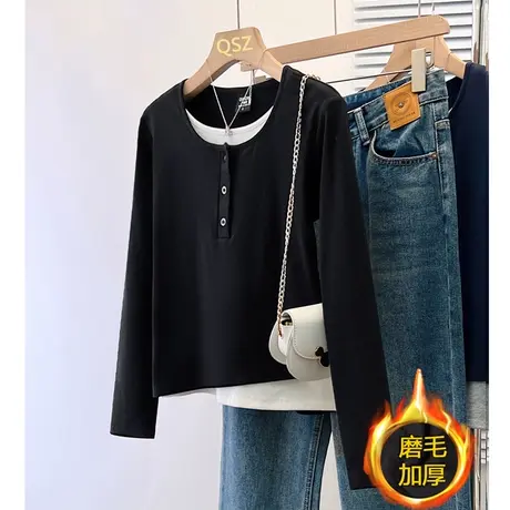 磨毛加厚显瘦假两件长袖T恤女拼接撞色上衣宽松正肩秋冬保暖打底图片